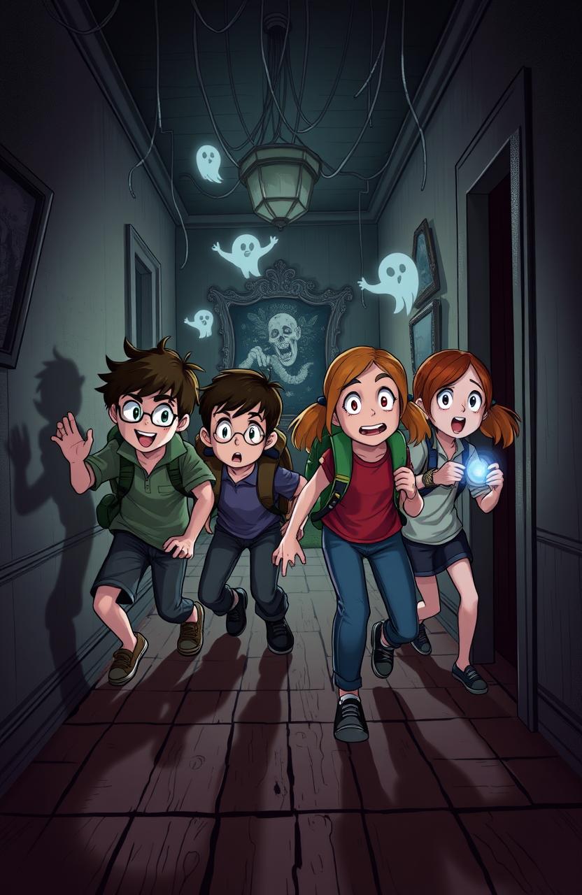 A dynamic scene depicting four young adventurers from 'Squad 2boys 2girls' exploring an eerie haunted house