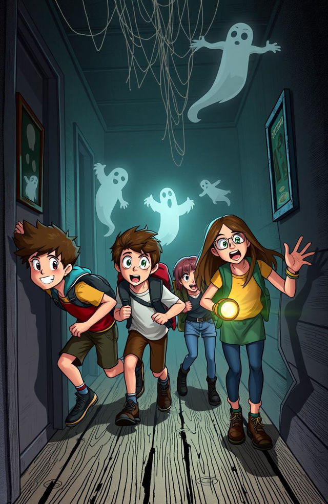 A dynamic scene depicting four young adventurers from 'Squad 2boys 2girls' exploring an eerie haunted house