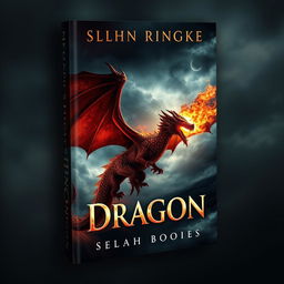 A dramatic book cover design featuring a fire-breathing dragon soaring through a dark, stormy sky, flames erupting from its mouth, casting a fiery glow on its scales
