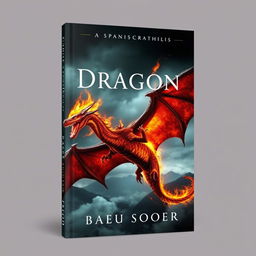 A dramatic book cover design featuring a fire-breathing dragon soaring through a dark, stormy sky, flames erupting from its mouth, casting a fiery glow on its scales