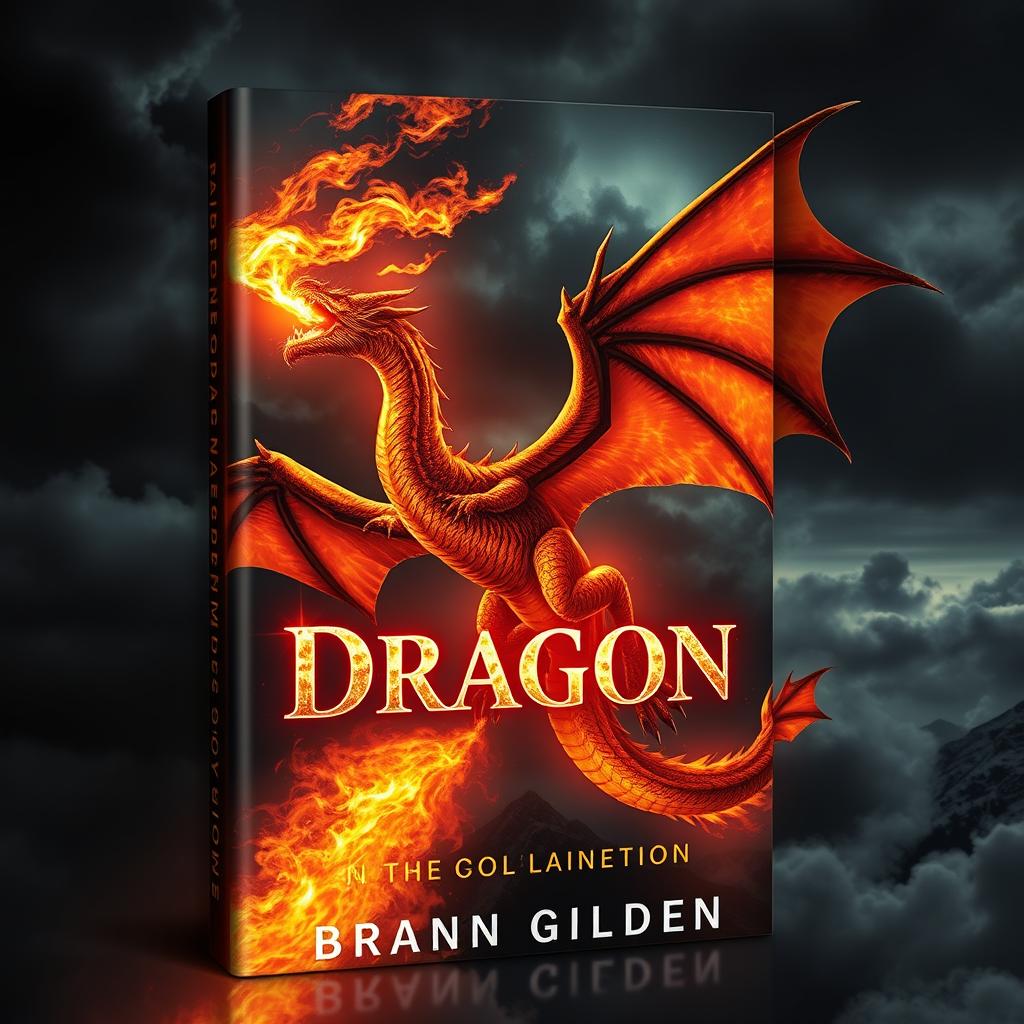 A dramatic book cover design featuring a fire-breathing dragon soaring through a dark, stormy sky, flames erupting from its mouth, casting a fiery glow on its scales