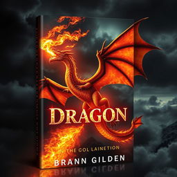 A dramatic book cover design featuring a fire-breathing dragon soaring through a dark, stormy sky, flames erupting from its mouth, casting a fiery glow on its scales