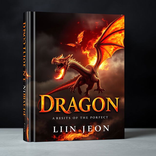 A dramatic book cover design featuring a fire-breathing dragon soaring through a dark, stormy sky, flames erupting from its mouth, casting a fiery glow on its scales