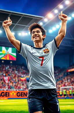 A detailed portrait of a young male soccer player celebrating a goal, with short dark hair and a confident smile