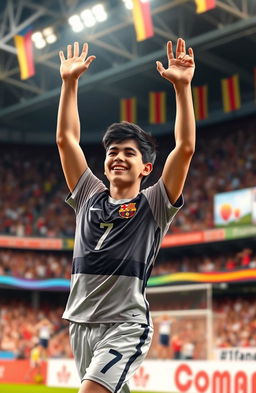 A detailed portrait of a young male soccer player celebrating a goal, with short dark hair and a confident smile