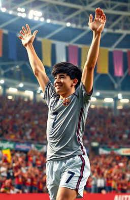 A detailed portrait of a young male soccer player celebrating a goal, with short dark hair and a confident smile