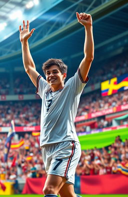 A detailed portrait of a young male soccer player celebrating a goal, with short dark hair and a confident smile