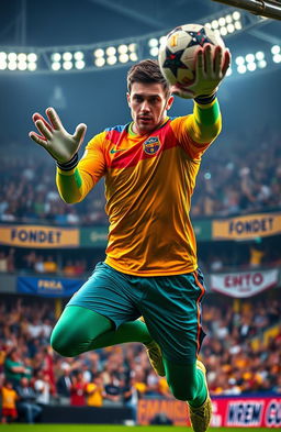 A dynamic portrait of a male soccer goalkeeper, wearing a vibrant team jersey with bold colors, gloves on both hands, in an intense pose as he leaps to make a save