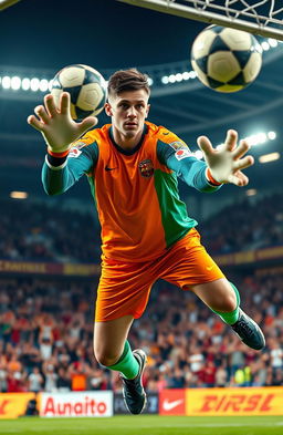 A dynamic portrait of a male soccer goalkeeper, wearing a vibrant team jersey with bold colors, gloves on both hands, in an intense pose as he leaps to make a save