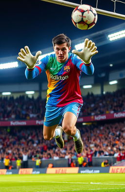 A dynamic portrait of a male soccer goalkeeper, wearing a vibrant team jersey with bold colors, gloves on both hands, in an intense pose as he leaps to make a save