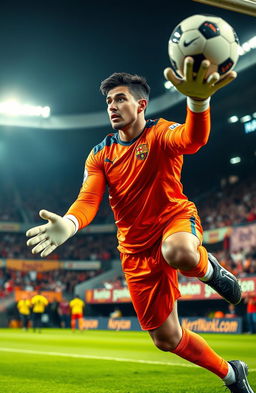 A dynamic portrait of a male soccer goalkeeper, wearing a vibrant team jersey with bold colors, gloves on both hands, in an intense pose as he leaps to make a save