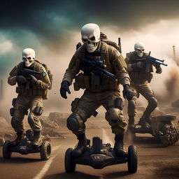 combatants in military fatigue and skeleton face masks and armed with assault rifles and on hover-boards high up in the air