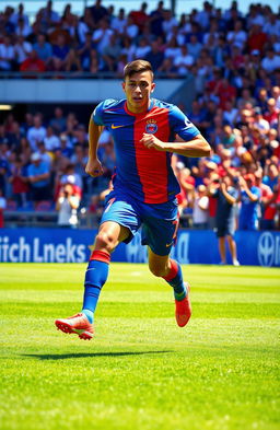 A dynamic and powerful image of a male soccer player in motion, inspired by Kylian Mbappé