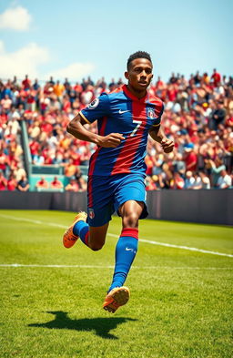 A dynamic and powerful image of a male soccer player in motion, inspired by Kylian Mbappé