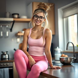 A 29-year-old Russian secretary with 34D breasts, petite frame, and long thick dirty blonde hair styled in a messy bun