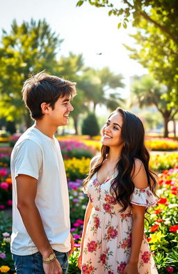 A young man and young woman are engaged in a friendly conversation in a vibrant park setting, surrounded by colorful flowers and trees