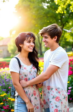 A young man and young woman are engaged in a friendly conversation in a vibrant park setting, surrounded by colorful flowers and trees