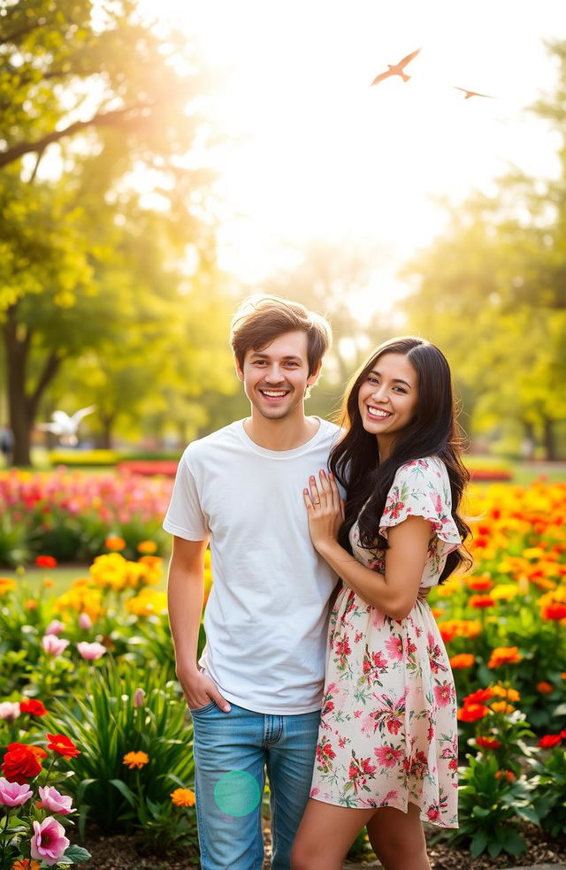 A young man and young woman are engaged in a friendly conversation in a vibrant park setting, surrounded by colorful flowers and trees