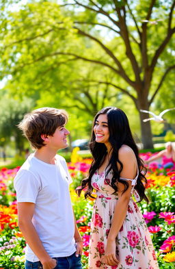 A young man and young woman are engaged in a friendly conversation in a vibrant park setting, surrounded by colorful flowers and trees