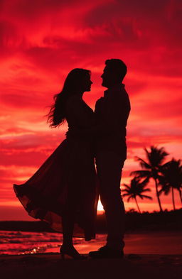 A romantic scene featuring a woman and a man standing together, silhouetted against a stunning red sunset sky