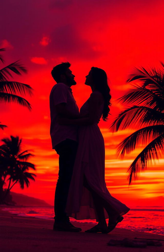 A romantic scene featuring a woman and a man standing together, silhouetted against a stunning red sunset sky