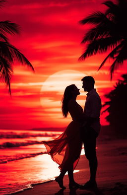 A romantic scene featuring a woman and a man standing together, silhouetted against a stunning red sunset sky