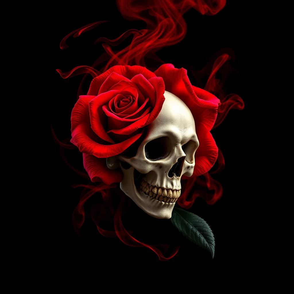 A striking image featuring a vivid red rose intertwined with a detailed skull, set against a deep black background