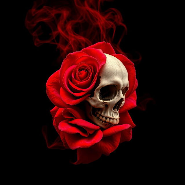 A striking image featuring a vivid red rose intertwined with a detailed skull, set against a deep black background