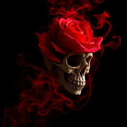 A striking image featuring a vivid red rose intertwined with a detailed skull, set against a deep black background