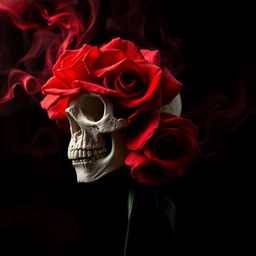 A striking image featuring a vivid red rose intertwined with a detailed skull, set against a deep black background