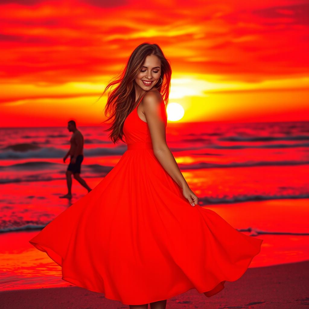 A captivating scene on a beach during a magnificent red sunset