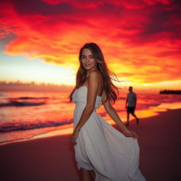A captivating scene on a beach during a magnificent red sunset