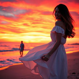 A captivating scene on a beach during a magnificent red sunset