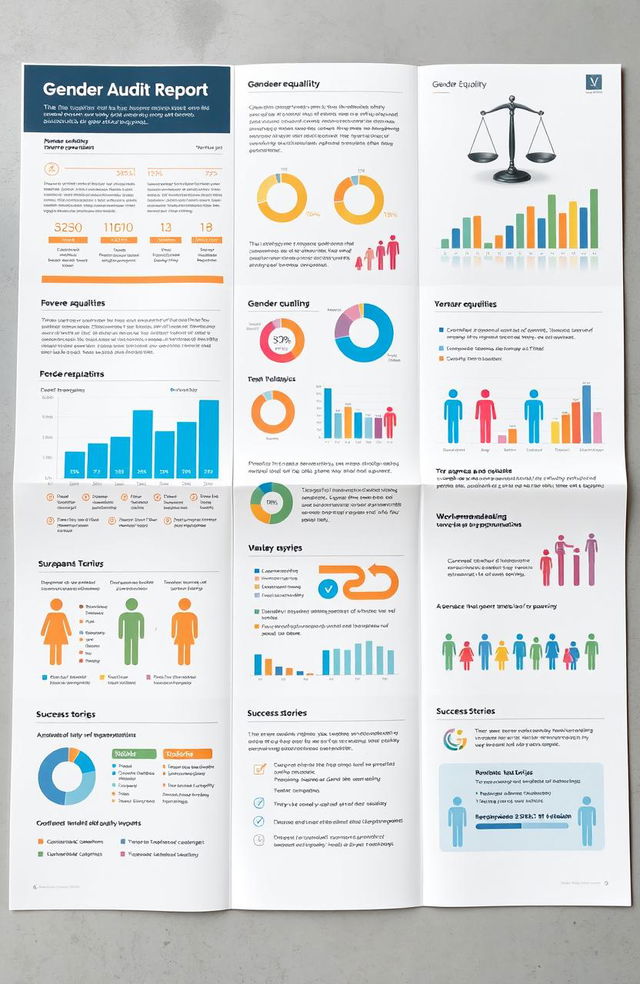 A detailed gender audit report presented in a professional format, showcasing comprehensive analysis and insights related to gender equality within an organization