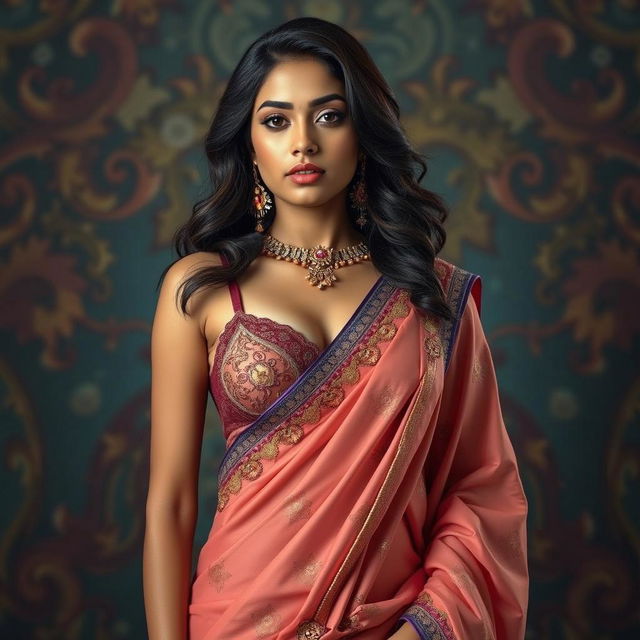 A stunning young woman dressed in an intricately embroidered sari, adorned with elegant jewelry that includes a statement necklace and earrings