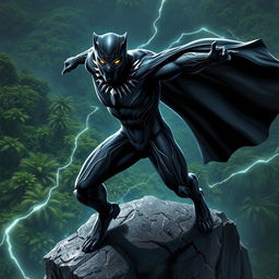 a dynamic and powerful depiction of the Black Panther, a superhero from Marvel Comics, showcasing his iconic black suit adorned with silver patterns