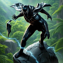 a dynamic and powerful depiction of the Black Panther, a superhero from Marvel Comics, showcasing his iconic black suit adorned with silver patterns