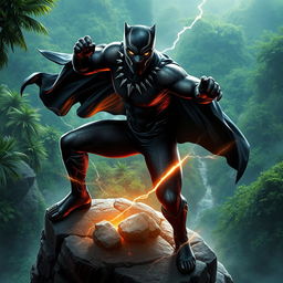 a dynamic and powerful depiction of the Black Panther, a superhero from Marvel Comics, showcasing his iconic black suit adorned with silver patterns