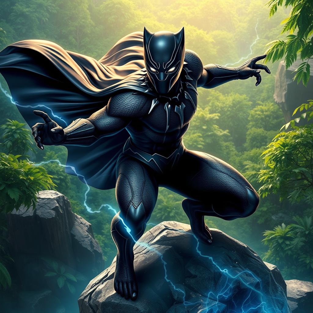 a dynamic and powerful depiction of the Black Panther, a superhero from Marvel Comics, showcasing his iconic black suit adorned with silver patterns