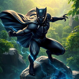 a dynamic and powerful depiction of the Black Panther, a superhero from Marvel Comics, showcasing his iconic black suit adorned with silver patterns