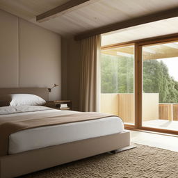 Cozy and modern bedroom interior with neutral tones, wooden furnishings, and a large window letting in natural light.