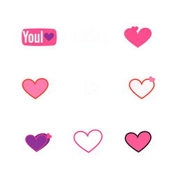A series of logos for a YouTube channel centered around dating, featuring creative variations of hearts alongside iconic elements inspired by the YouTube logo, all without any text
