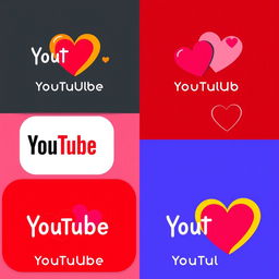 A series of logos for a YouTube channel centered around dating, featuring creative variations of hearts alongside iconic elements inspired by the YouTube logo, all without any text