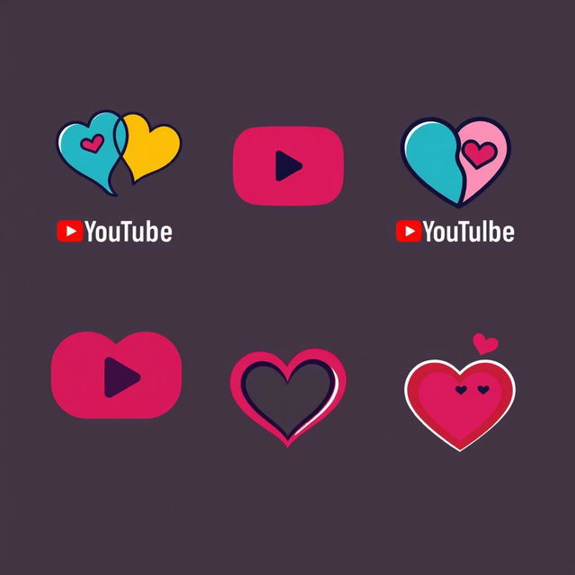 A series of logos for a YouTube channel centered around dating, featuring creative variations of hearts alongside iconic elements inspired by the YouTube logo, all without any text