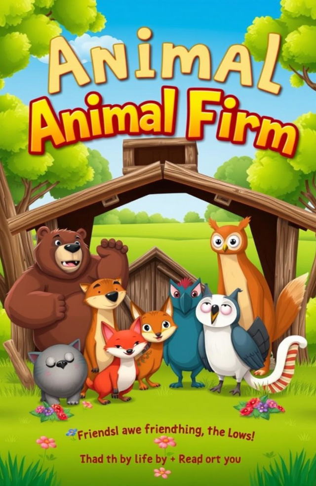 A vibrant and engaging book cover for 'Animal Firm', featuring a variety of stylized animals such as a strong bear, a clever fox, and a wise owl, all gathered around a rustic barn