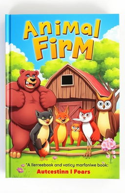 A vibrant and engaging book cover for 'Animal Firm', featuring a variety of stylized animals such as a strong bear, a clever fox, and a wise owl, all gathered around a rustic barn