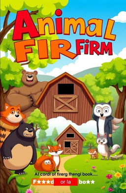 A vibrant and engaging book cover for 'Animal Firm', featuring a variety of stylized animals such as a strong bear, a clever fox, and a wise owl, all gathered around a rustic barn