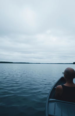 A serene blue side of a lake under a very gray cloudy sky, showcasing the stillness of nature