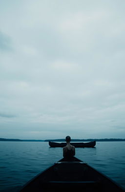 A serene blue side of a lake under a very gray cloudy sky, showcasing the stillness of nature