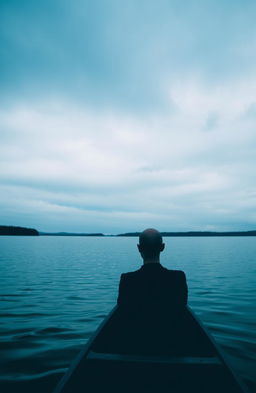 A serene blue side of a lake under a very gray cloudy sky, showcasing the stillness of nature